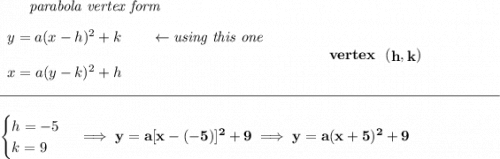 \bf ~~~~~~\textit{parabola vertex form} \\\\ \begin{array}{llll} y=a(x- h)^2+ k\qquad \leftarrow \textit{using this one}\\\\ x=a(y- k)^2+ h \end{array} \qquad\qquad vertex~~(\stackrel{}{ h},\stackrel{}{ k}) \\\\[-0.35em] \rule{34em}{0.25pt}\\\\ \begin{cases} h=-5\\ k=9 \end{cases}\implies y=a[x-(-5)]^2+9\implies y=a(x+5)^2+9