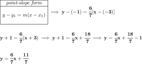 \bf \begin{array}{|c|ll} \cline{1-1} \textit{point-slope form}\\ \cline{1-1} \\ y-y_1=m(x-x_1) \\\\ \cline{1-1} \end{array}\implies y-(-1)=\cfrac{6}{7}[x-(-3)] \\\\\\ y+1=\cfrac{6}{7}(x+3)\implies y+1=\cfrac{6}{7}x+\cfrac{18}{7}\implies y=\cfrac{6}{7}x+\cfrac{18}{7}-1 \\\\\\ y=\cfrac{6}{7}x+\cfrac{11}{7}