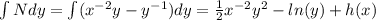 \int N dy = \int (x^{-2}y - y^{-1} ) dy = \frac{1}{2}x^{-2} y^2 - ln (y) + h(x)