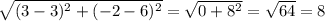 \sqrt{(3-3)^2+(-2-6)^2} = \sqrt{0+8^2} = \sqrt{64} =8
