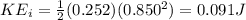 KE_i = \frac{1}{2}(0.252)(0.850^2) = 0.091 J