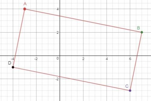 The coordinates of the vertices of a rectangle are (−3, 4) , (7, 2) , (6, −3) , and (−4, −1) . what