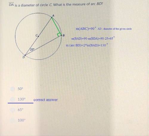 Da is a diameter of circle c. what is the measure of arc bd?
