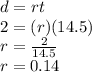 d = rt\\2 = (r)(14.5)\\r = \frac{2}{14.5}\\r = 0.14