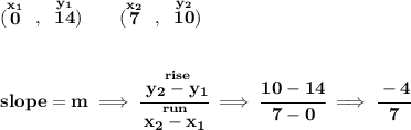 \bf (\stackrel{x_1}{0}~,~\stackrel{y_1}{14})\qquad (\stackrel{x_2}{7}~,~\stackrel{y_2}{10}) \\\\\\ slope = m\implies \cfrac{\stackrel{rise}{ y_2- y_1}}{\stackrel{run}{ x_2- x_1}}\implies \cfrac{10-14}{7-0}\implies \cfrac{-4}{7}