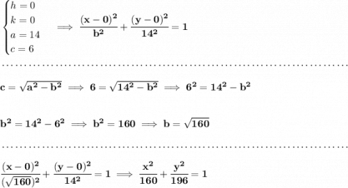 \bf \begin{cases} h=0\\ k=0\\ a=14\\ c=6 \end{cases}\implies \cfrac{(x-0)^2}{b^2}+\cfrac{(y-0)^2}{14^2}=1 \\\\[-0.35em] ~\dotfill\\\\ c=\sqrt{a^2-b^2}\implies 6=\sqrt{14^2-b^2}\implies 6^2=14^2-b^2 \\\\\\ b^2=14^2-6^2\implies b^2=160\implies b=\sqrt{160} \\\\[-0.35em] ~\dotfill\\\\ \cfrac{(x-0)^2}{(\sqrt{160})^2}+\cfrac{(y-0)^2}{14^2}=1\implies \cfrac{x^2}{160}+\cfrac{y^2}{196}=1