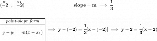 \bf (\stackrel{x_1}{-2}~,~\stackrel{y_1}{-2})~\hspace{10em} slope = m\implies \cfrac{1}{3} \\\\\\ \begin{array}{|c|ll} \cline{1-1} \textit{point-slope form}\\ \cline{1-1} \\ y-y_1=m(x-x_1) \\\\ \cline{1-1} \end{array}\implies y-(-2)=\cfrac{1}{3}[x-(-2)]\implies y+2=\cfrac{1}{3}(x+2)