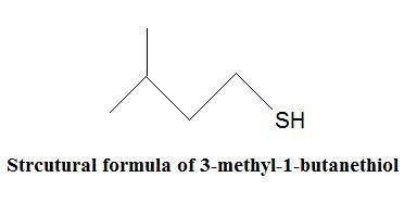 The compound 3-methyl-1-butanethiol, (ch3)2chch2ch2sh, is found in the defensive secretion, or \spr