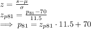 z=\frac{s-\mu}{\sigma}\\z_{p81}=\frac{p_{81}-70}{11.5}\\\implies p_{81}=z_{p81}\cdot 11.5+70