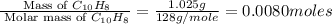 \frac{\text{ Mass of }C_{10}H_{8}}{\text{ Molar mass of }C_{10}H_{8}}=\frac{1.025g}{128g/mole}=0.0080moles