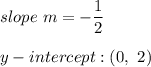 slope\ m=-\dfrac{1}{2}\\\\y-intercept:(0,\ 2)