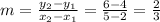 m = \frac{y_2-y_1}{x_2-x_1} =\frac{6-4}{5-2} = \frac{2}{3}