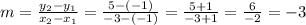 m=\frac{y_2-y_1}{x_2-x_1}=\frac{5-\left(-1\right)}{-3-\left(-1\right)}=\frac{5+1}{-3+1}=\frac{6}{-2}=-3