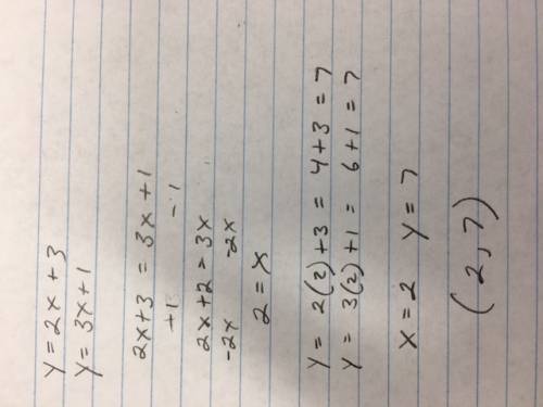 Solve the system of equations using substitution. y= 2x+3 y= 3x+1 a:  (-2, -5)  b:  (-1, -2) c:  (2,