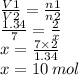 \frac{ V1}{V2}  =  \frac{n1}{n2}  \\ \frac{1.34}{7}  =  \frac{2}{x}  \\ x =  \frac{7 \times 2}{1.34}  \\ x = 10 \: mol