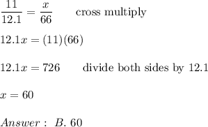 \dfrac{11}{12.1}=\dfrac{x}{66}\qquad\text{cross multiply}\\\\12.1x=(11)(66)\\\\12.1x=726\qquad\text{divide both sides by 12.1}\\\\x=60\\\\\ B.\ 60