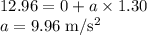 12.96 =0+a \times 1.30\\a = 9.96\;\rm m/s^2