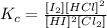 K_c=\frac{[I_2][HCl]^2}{[HI]^2[Cl_2]}