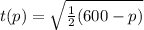 t(p)=\sqrt{\frac{1}{2}(600-p)}