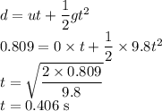 d=ut+\dfrac{1}{2}gt^{2} \\0.809=0 \times t+\dfrac{1}{2} \times 9.8t^{2} \\t=\sqrt{\dfrac{2 \times 0.809}{9.8} }\\t = 0.406 \;\rm s