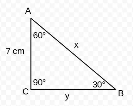 Use the figure to the right to find the missing lengths of the triangle. ac = 7 cm;  find ab and bc.