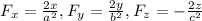 F_x=\frac{2x}{a^2},F_y=\frac{2y}{b^2},F_z=-\frac{2z}{c^2}