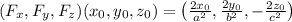 (F_x,F_y,F_z)(x_0,y_0,z_0)=\left(\frac{2x_0}{a^2},\frac{2y_0}{b^2},-\frac{2z_0}{c^2}\right)