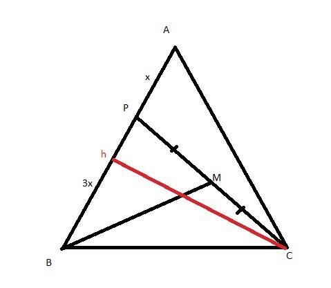 N△abc, point p∈ ab is so that ap: bp=1: 3 and point m is the midpoint of segment cp. find the area o