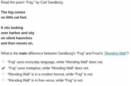 Read the poem “fog,” by carl sandburg. the fog comes on little cat feet. it sits looking over harbor