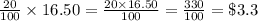 \frac{20}{100} \times 16.50 =\frac{20 \times 16.50}{100} =\frac{330}{100} = \$3.3