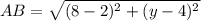 AB=\sqrt{(8-2)^2+(y-4)^2}