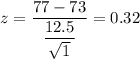z=\dfrac{77-73}{\dfrac{12.5}{\sqrt{1}}}=0.32