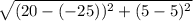 \sqrt{(20 - (-25))^2  + (5 - 5)^2}