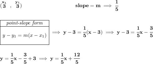\bf (\stackrel{x_1}{3}~,~\stackrel{y_1}{3}) ~\hspace{10em}slope = m\implies \cfrac{1}{5} \\\\\\ \begin{array}{|c|ll} \cline{1-1} \textit{point-slope form}\\ \cline{1-1} \\ y-y_1=m(x-x_1) \\\\ \cline{1-1} \end{array}\implies y-3=\cfrac{1}{5}(x-3) \implies y-3=\cfrac{1}{5}x-\cfrac{3}{5} \\\\\\ y=\cfrac{1}{5}x-\cfrac{3}{5}+3\implies y=\cfrac{1}{5}x+\cfrac{12}{5}