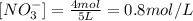 [NO_{3}^-]=\frac{4 mol}{5 L}=0.8 mol/L
