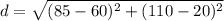 d=\sqrt{(85-60)^{2}+(110-20)^{2}}