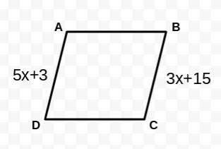 In parallelogram abcd, (bc) ̅=3x+15 and (ad) ̅=5x+3. what is the length of (ad) ̅?