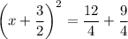 \left(x + \dfrac{3}{2} \right)^2 = \dfrac{12}{4} + \dfrac{9}{4}