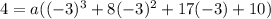 4 = a((-3)^3 + 8(-3)^2 + 17(-3) + 10)