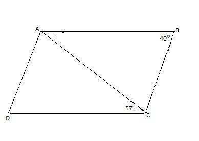 The parallelogram abcd below, line ac is a diagonal, the measure of angle abc is 40, and the measure