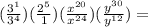 (\frac{3^1}{3^4})(\frac{2^5}{1})(\frac{x^{20}}{x^{24}})(\frac{y^{30}}{y^{12}})=