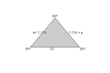 An isosceles triangle has angle measures 50°, 50°, and 80°. the side across from the 80° angle is 10