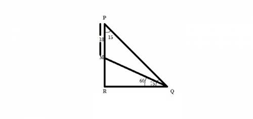 Given:  △pqr, m∠r = 90°, mp = 18 m∠pqr = 75°, m∠mqr = 60° find:  rq