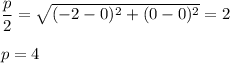 \dfrac{p}{2}=\sqrt{(-2-0)^2+(0-0)^2}=2\\ \\p=4