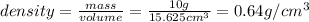 density = \frac{mass}{volume} = \frac{10g}{15.625cm^{3} } = 0.64 g/cm^{3}
