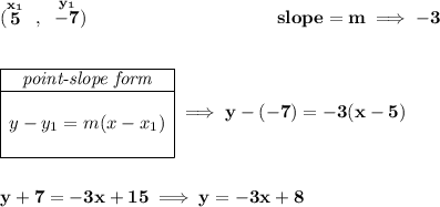 \bf (\stackrel{x_1}{5}~,~\stackrel{y_1}{-7})~\hspace{10em} slope = m\implies -3 \\\\\\ \begin{array}{|c|ll} \cline{1-1} \textit{point-slope form}\\ \cline{1-1} \\ y-y_1=m(x-x_1) \\\\ \cline{1-1} \end{array}\implies y-(-7)=-3(x-5) \\\\\\ y+7=-3x+15\implies y=-3x+8