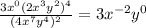 \frac{3x^0(2x^3y^2)^4}{(4x^7y^4)^2} =3x^{-2}y^{0}