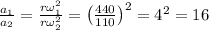 \frac{a_1}{a_2}=\frac{r\omega_1 ^2}{r\omega_2 ^2}=\left ( \frac{440}{110}\right )^2=4^2=16