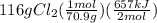 116gCl_2(\frac{1mol}{70.9g})(\frac{657kJ}{2mol})
