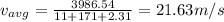 v_{avg}=\frac{3986.54}{11+171+2.31}=21.63m/s